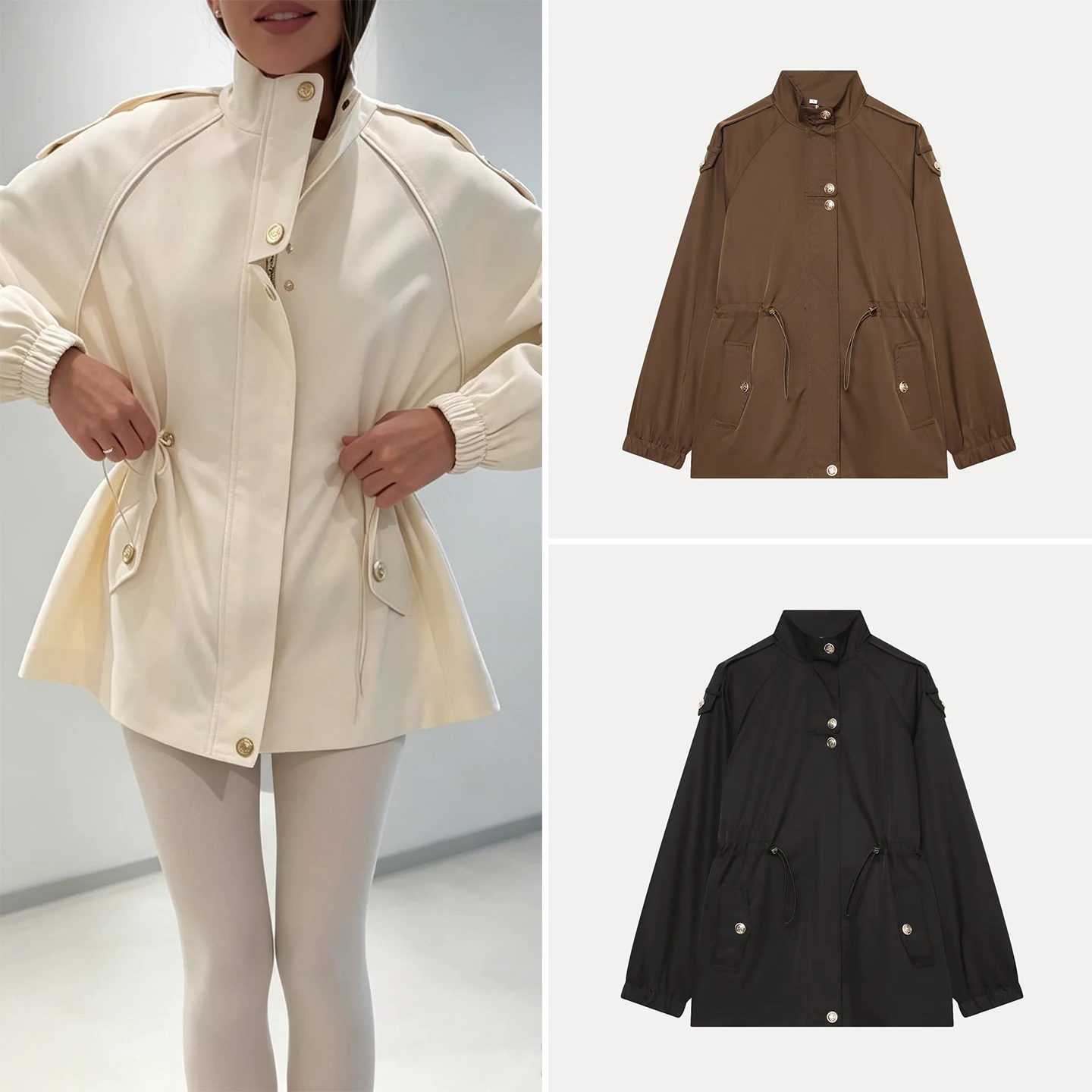 Casual Long Sleeve Windbreaker Women's Jacket Drawstring Stand Collar Waist Cinching Outerwear Autumn Commuting Fashion ZADATA
