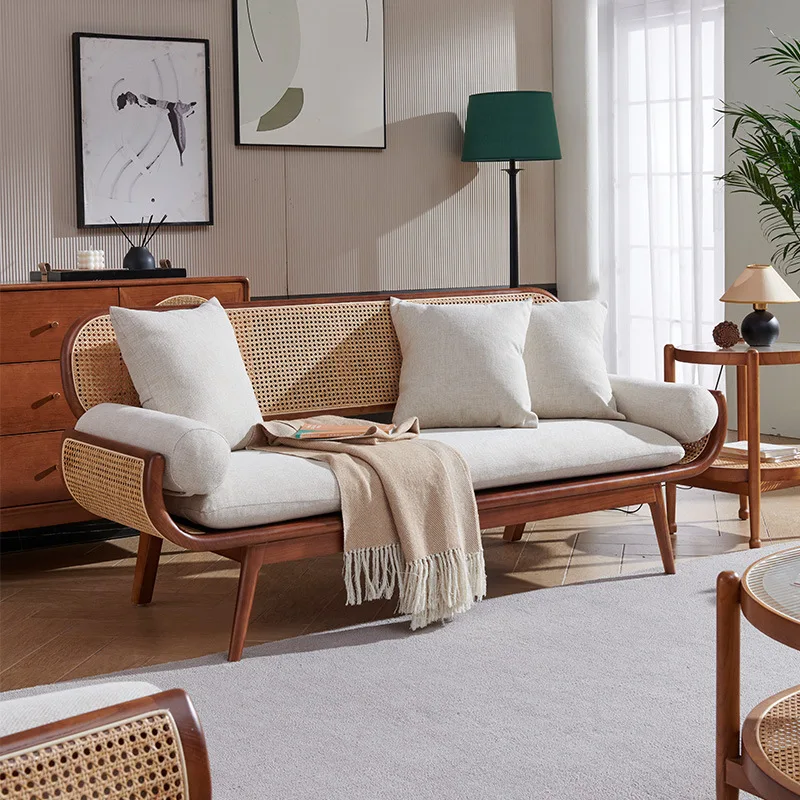 

New Chinese solid wood sofa simple rattan backrest and summer dual-purpose homestay leisure sofa