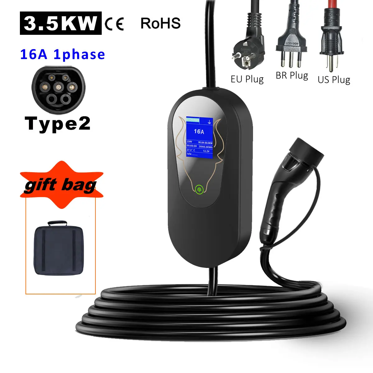 JIGU 3.5KW Type2 EV cargador portátil Cable de carga para vehículo eléctrico caja de pared UE BR US enchufe 8-16A cargador de coche eléctrico tipo 2