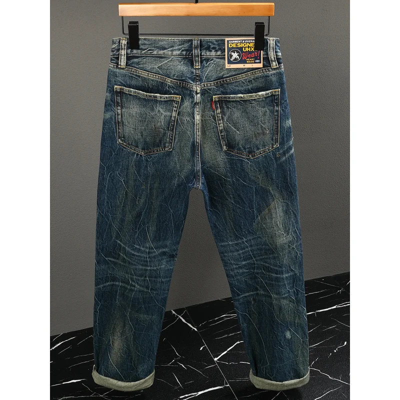 Celana Jeans Vintage Tebal Musim Gugur Pria, Berat, Distressed, Tren Fashion Jalanan, Warna Nostalgia, Model Lurus Longgar