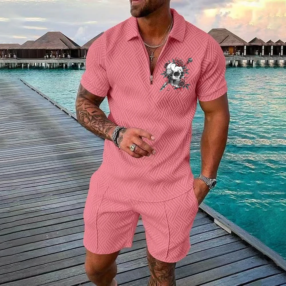 Summer 3D Skull Printed Men's Sets Fashion Zip Polo Short Sleeve Top +Shorts Outfit Summer Street Trend Oversized Men Clothing