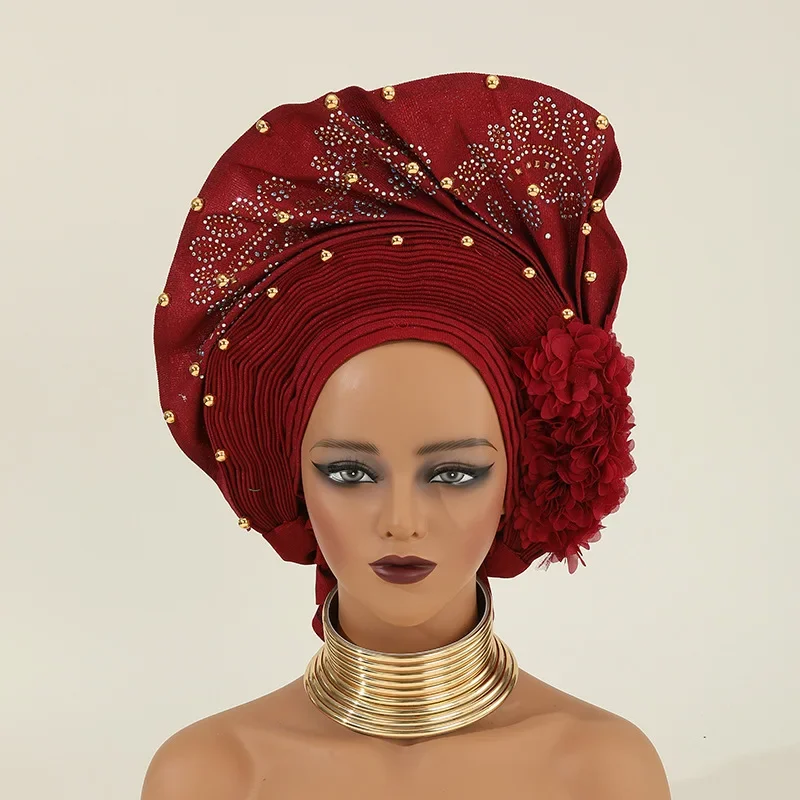 

Beads Flower Turban Cap Headwrap Women Headband Auto Gele Headtie Already Made African Nigeria Bonnet Hat Hijab Wedding Headgear