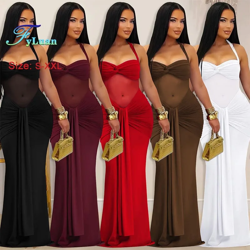 New Fashion Women Clothing Sexy Nightclub Party Long Dress Sheer Mesh Halter Dress Solid Color Sleeveless Backless Cocktail Gown