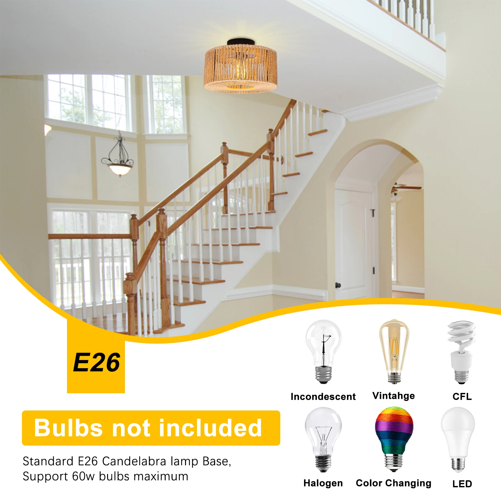 Round Ceiling Light Farmhouse Vintage Semi Flush Mount Rattan Woven Pendant Lamp for Kitchen Living Room Hallway