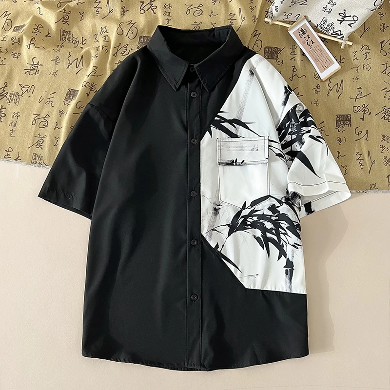 Black and White Splicing Shirt Japanese Retro Couple Short Sleeve Shirt Summer New Men's Short Sleeve Shirt Tie-Dye Tops