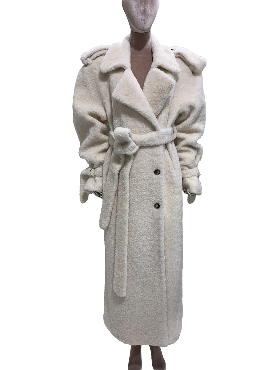 Autumn Winter Oversized Extra Logn Thick Warm 100% Wool Coat Women Shoulder Pads Sashes Luxury Loose Maxi Fluffy Overcoat 2025