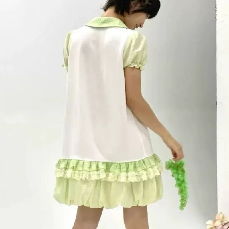 Mini Dresses Bow Lace Ice Cream Sweet Lolita Dresses Women Japan Kawaii Lace Ruffles Party Korean Cute Print Puff Sleeve Dress