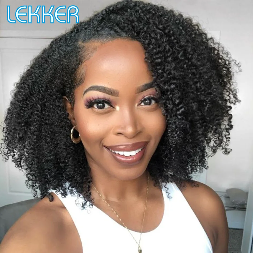 

Lekker Short Deep Curly T Part Lace Bob 100% Human Hair Wigs For Women Brazilian Remy Hair Colored Kinky Curly 14" 250% Wigs