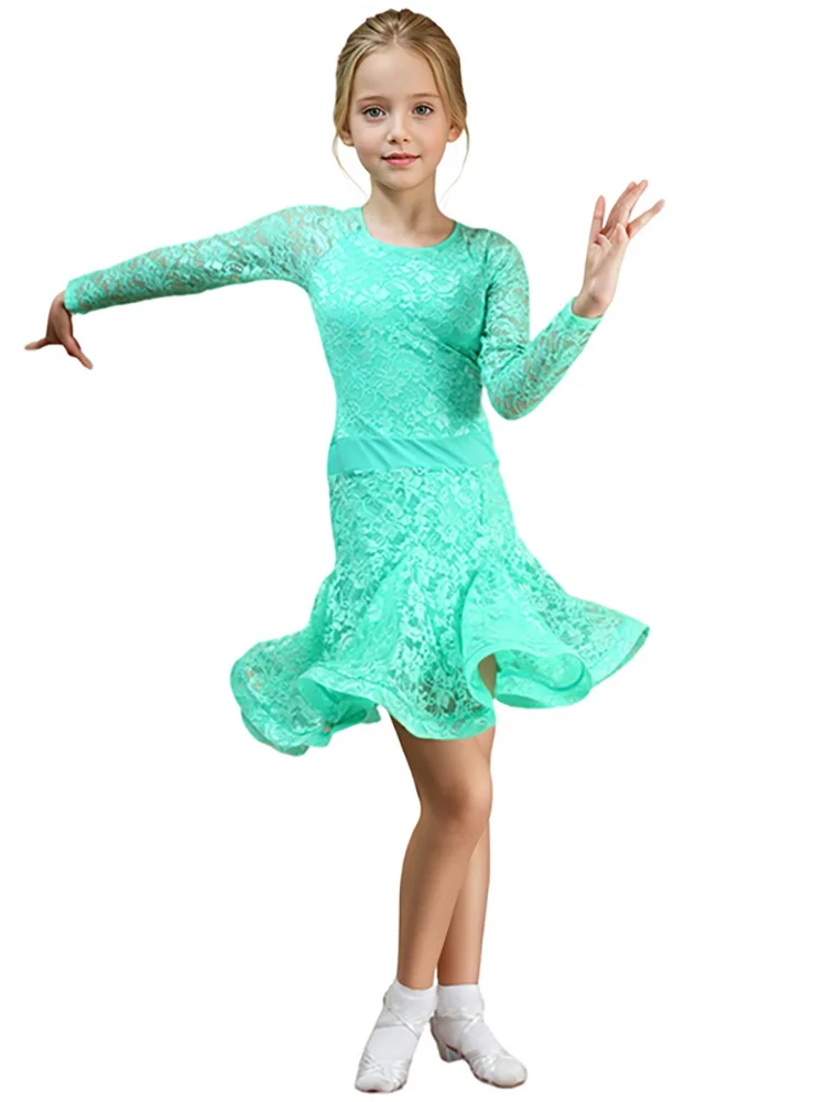 Girls Lace Ballroom And Latin Dance Dresses For Sale Cha Cha Rumba Samba Jive Long Sleeves Children Teen Latino Dress