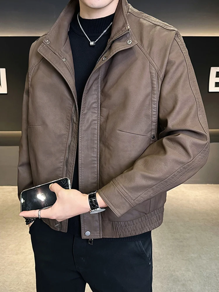 

Мужская верхняя одежда Thiened Fce на подкладке в стиле ретро, американский джет, байкерская одежда из искусственной кожи, осень-зима, элитный воротник-стойка