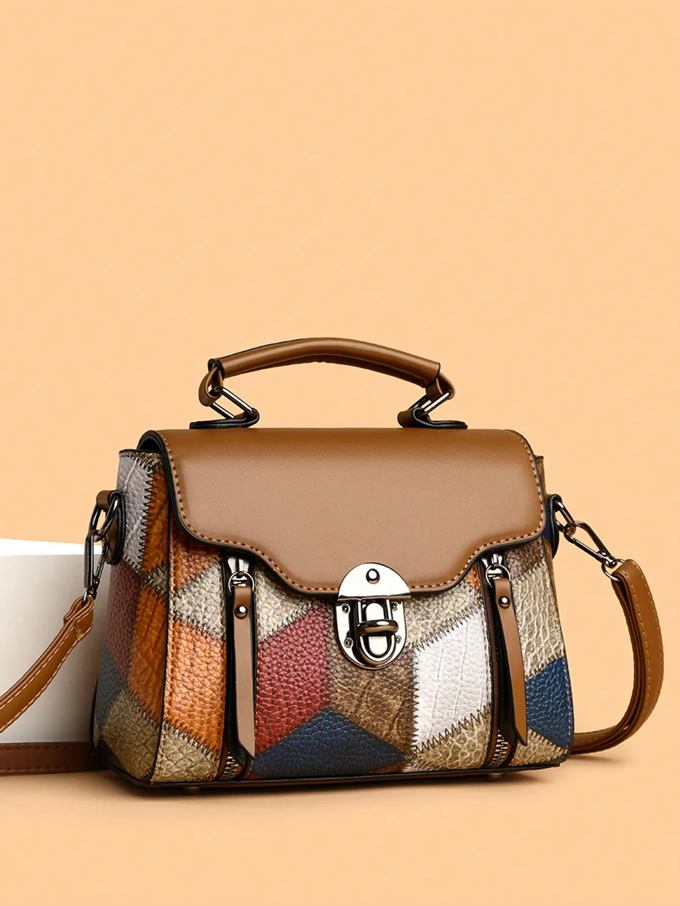 

Retro Minimalist Flip-Lock Metal Decor Handbag, Convertible Women Shoulder Crossbody Bag, Vintage Bag For Women