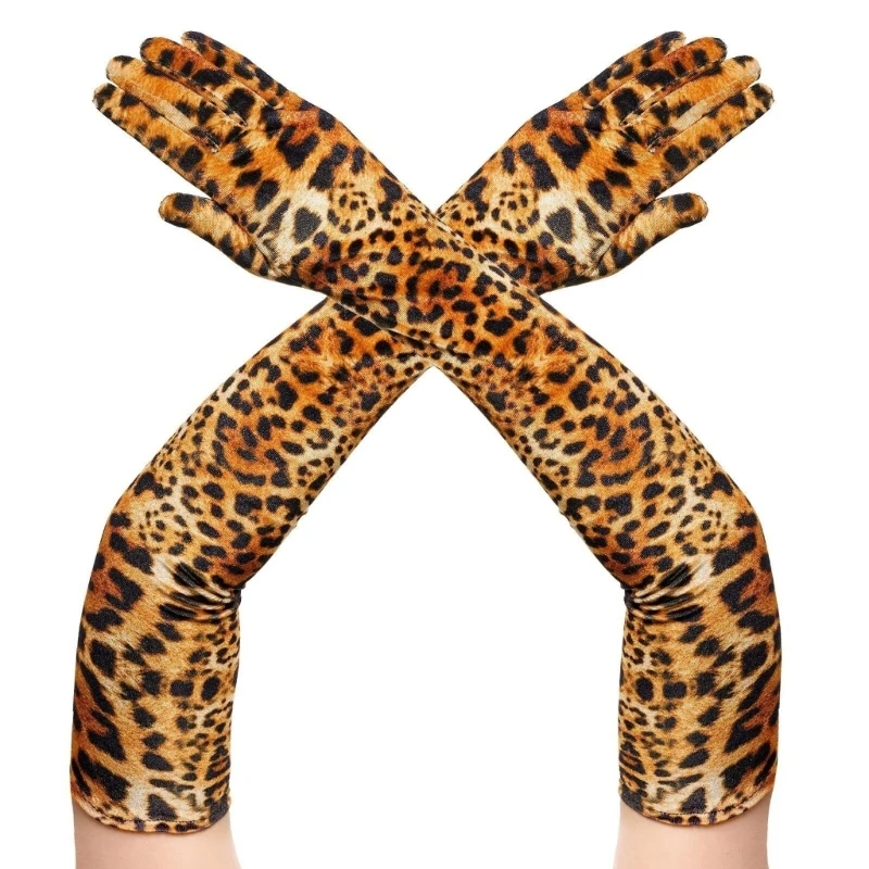 50JB Carnivals Party Women Long Glove 55cm Long Banquets Party Glove with Leopard Print Etiquettes Elastic Dancing Glove