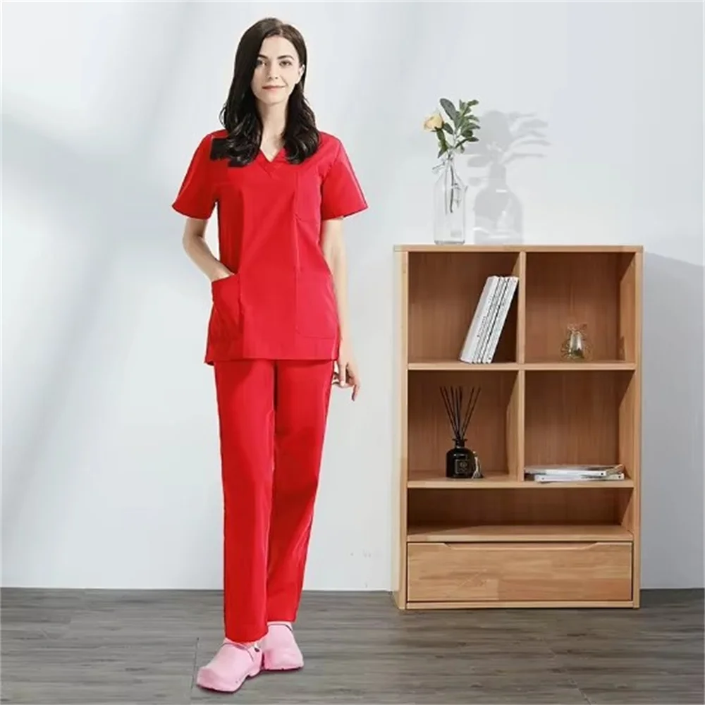 High Quality V-neck Scrub Tops Beauty Salon Nursing Elastic Waist Pants Unisex Breathable Surgery Uniform Medical Accessories