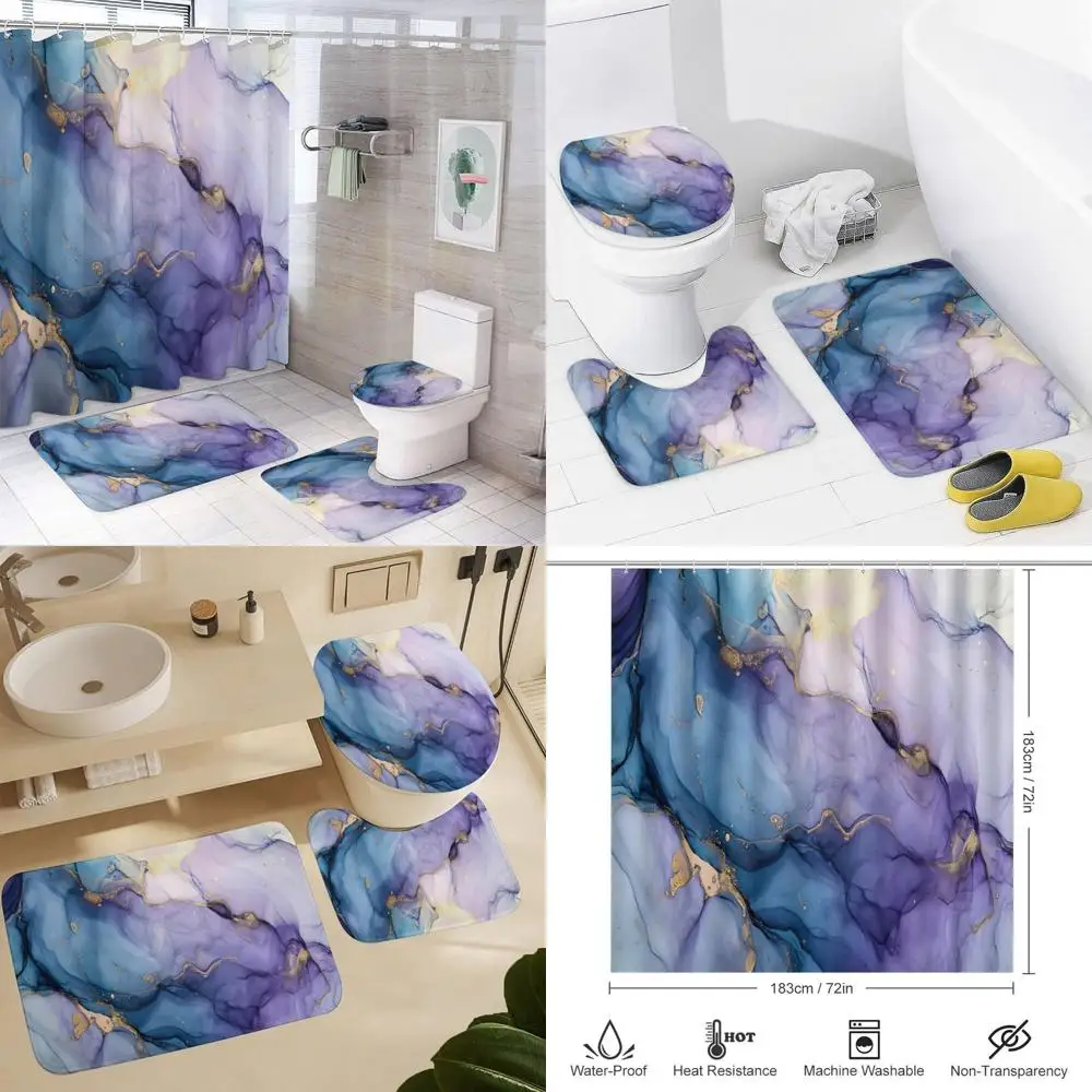 

Роскошный мраморный комплект занавесок для душа с 4 ковриками для ванной, 3D агатом, синими и фиолетовыми акцентами