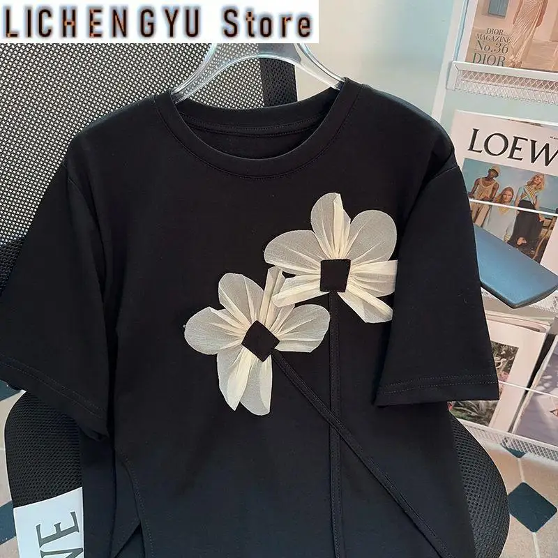 

Женская футболка с цветочным принтом для тяжелой промышленности, черный топ средней длины с трехмерным декором и драпировкой с короткими рукавами