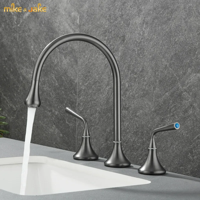 

widespread bathroom faucet double handle drop water style basin mixer hot and cold water crane tap gunmetal gray bathroom tap