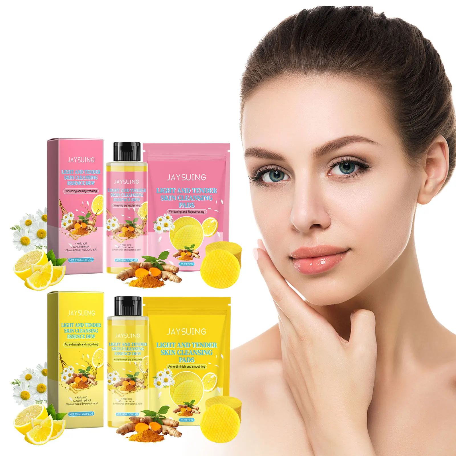 

JAYSUING Turmeric Face Wash Serum Kojic Acid Cleansing Pads Exfoliating Brightening Daily Cleansing Acne Treatment Face Care Kit