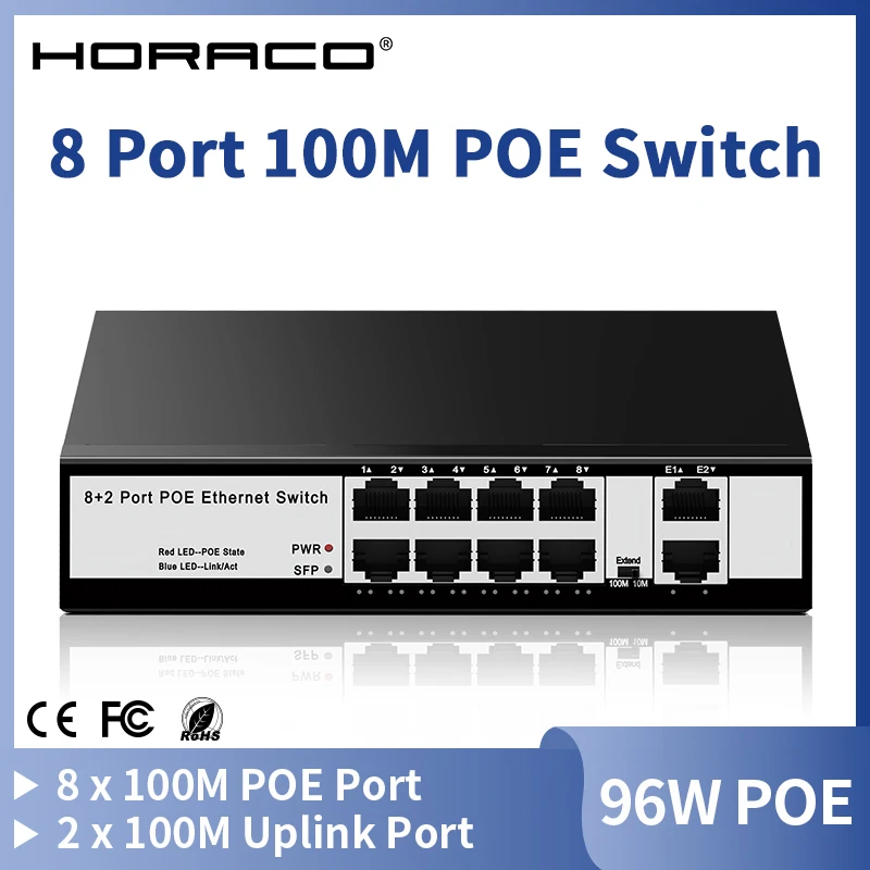 HORACO 8 Port 100M POE Switch 100Mbps Active POE Network Switch 96W for IP Camera,NVR,Surveillance,CCTV,POE Camera