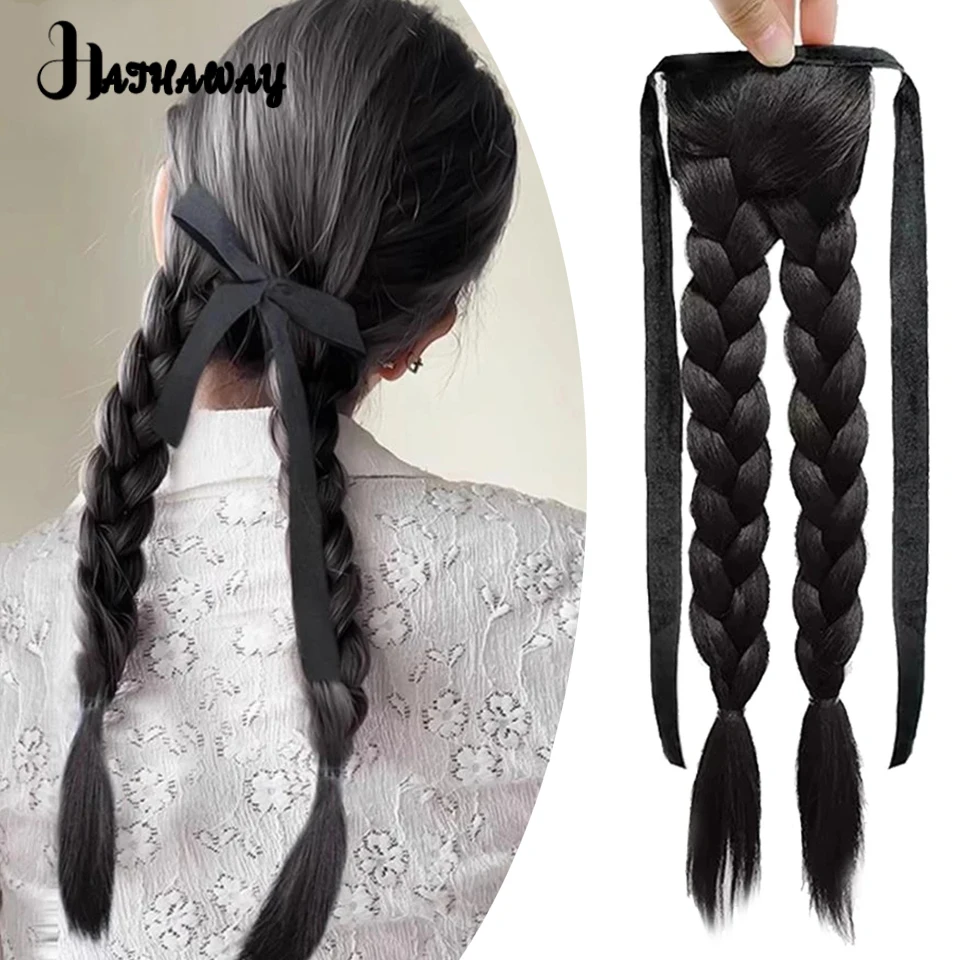 Synthetic Wig Braid Female Low Ponytail Girl Feeling Cross Twist Long Braid Natural Fluffy Double Ponytail Wig