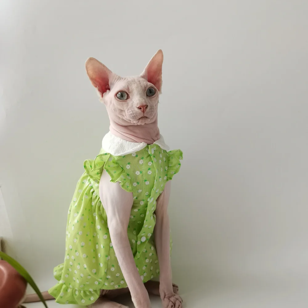 

Летняя рубашка безволосы с котом, зеленая хлопково-льняная юбка с цветочным принтом для котен-сфинкса, милое дышащее платье с лацканами в деревенском стиле для котят