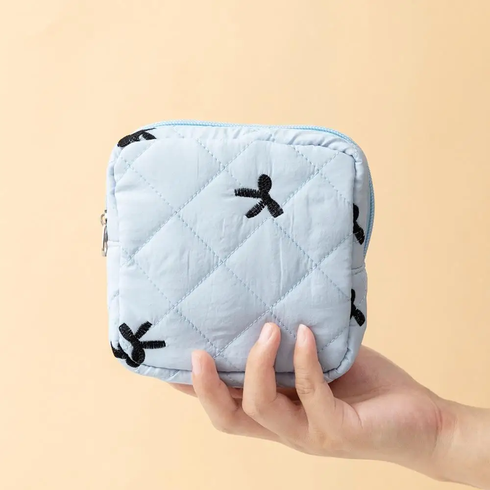 Cute Bow Sanitary Napkin Organizer Bag Coquette Cotton Women's Mini Clutch Bag Quilted Keychain Earphone Coin Purse