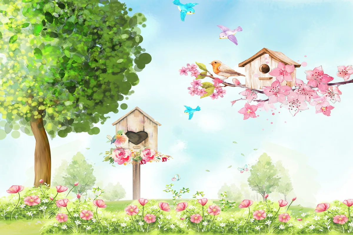 Spring Pink Watercolor Floral Birds Butterfly Backdrop Girl Princess Birthday Portrait Customized Photography Background