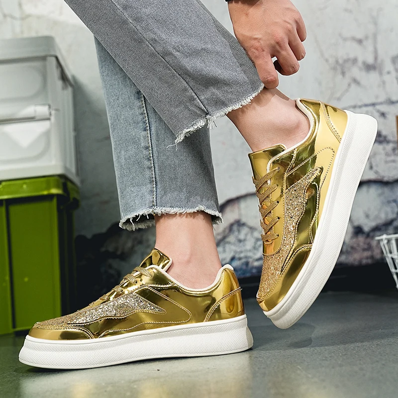 Gouden Luxe Designer Schoenen Voor Mannen Mode Casual Glanzend Heren Skateboard Sneakers Platform Glitter Stijlvolle Dames Sportschoenen