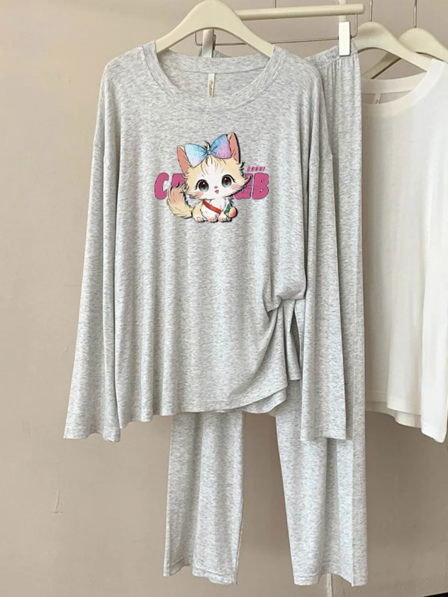 

A65 модальные пижамы женские весенне-осенние новые повседневные однотонные пижамы с круглым вырезом и длинными рукавами в клетку дышащий комплект домашней одежды