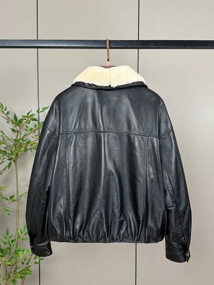 المرأة سترة جلدية حقيقية فضفاضة تناسب الشارع الشهير الشتاء مبطن بطانة الدافئة صوف الضأن طوق Vintage فاسق دراجة نارية معطف قصير