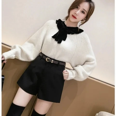 

High Waist Woolen Short Pants Women's Autumn Winter Loose Slim Wide Leg Pants Versatile A-Line Boot Pants Outerwear