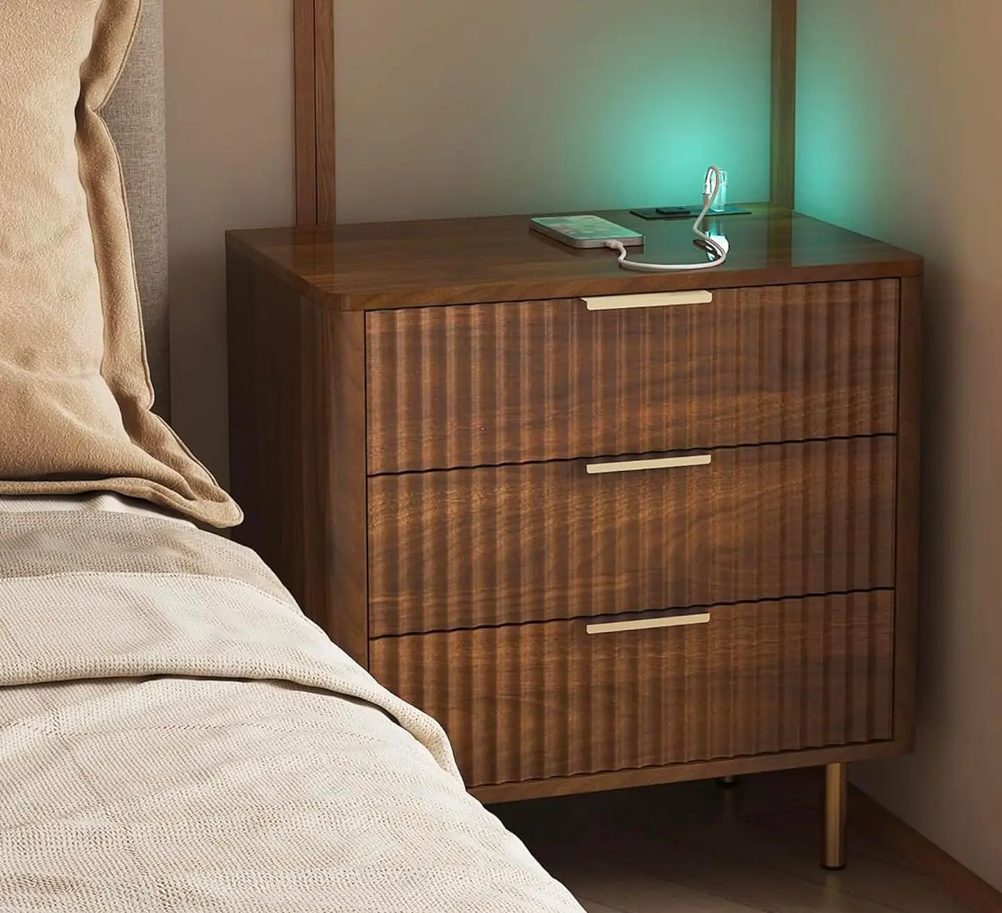 Fluted Nightstand with Charging Station and LED Light,23.6'' Tall Night Stand with Voice-Controlled Night Light for, Customized