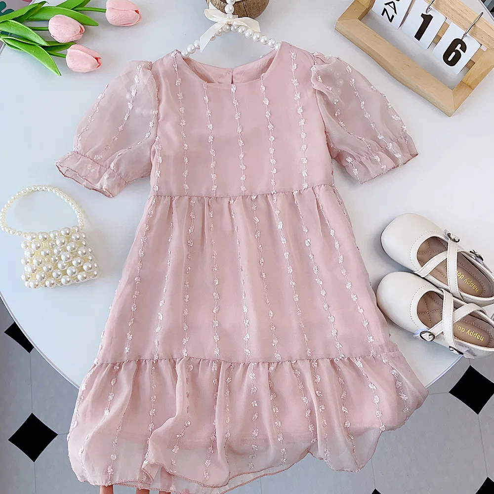 

2023 Summer New Arrival Girls Short Sleeve O Neck Ruffles Mesh Pink Roupa Infantil Menina Cute Dress Custume 4-7T