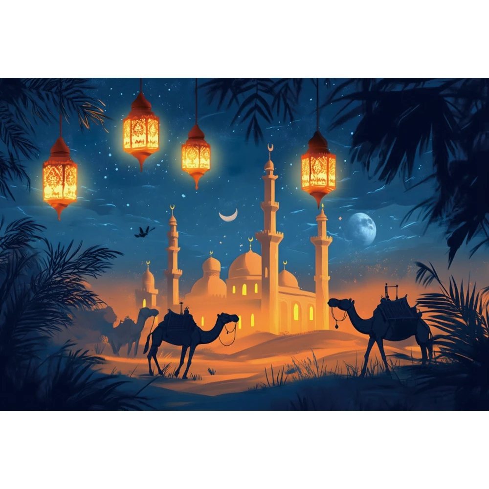 Eid Mubarak Backdrop For Photography Gold Moon Aladdin Moroccan Night Ramadan Muslim Festival Party Decor Background Photocall
