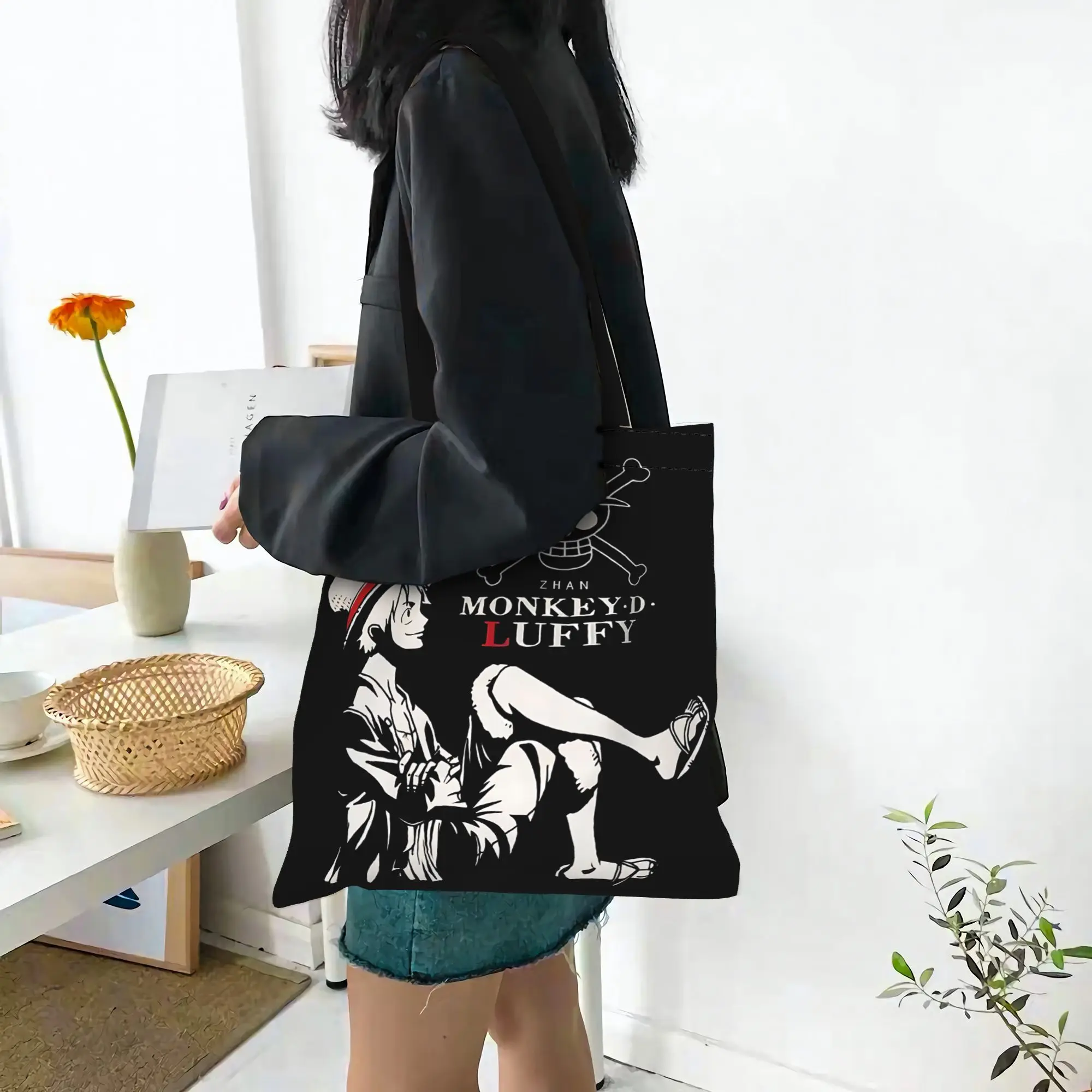 Customized One piece Luffy Women's Bag Shopping Bag Reusable Double Sided Canvas Tote Bag Shoulder  Handbag