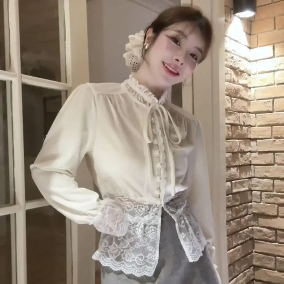 

Retro Lace Spliced Long Sleeve Blouse Women 2025 Spring Gentle Lace Up Stand Collar Button Design Tops Chic Slim Shirts