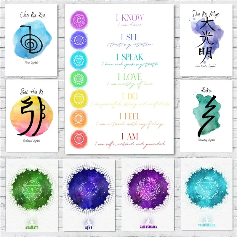 Reiki Symbols Crown Chakra Spiritual Meditation Quotes Sign Poster Canvas Painting Healing Wall Pictures Yoga Studio Home Decor