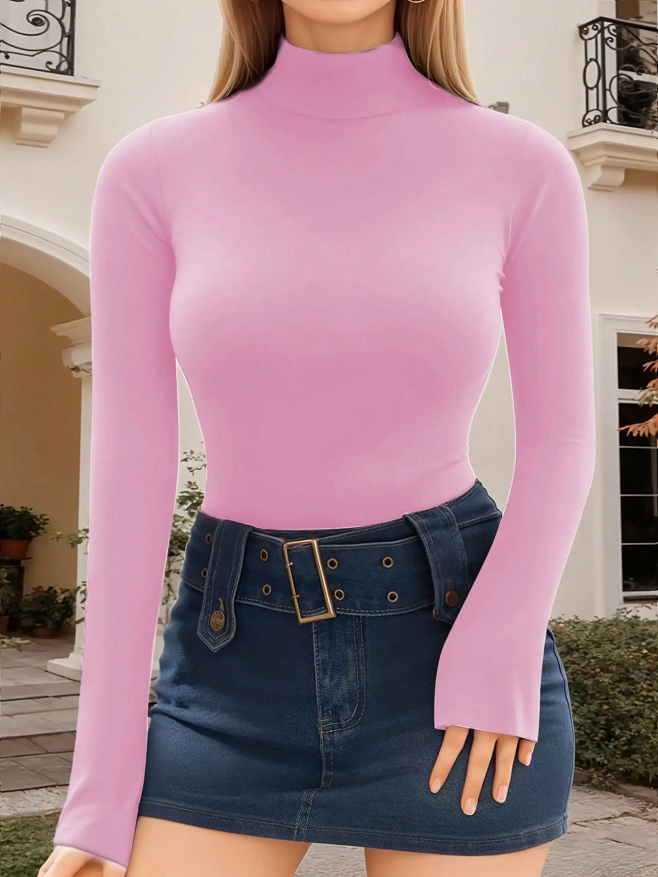 Women's Half Turtleneck Long Sleeve T-Shirt Slim Fit Stretch Knit Solid Polyester Casual Layering Blouse Top