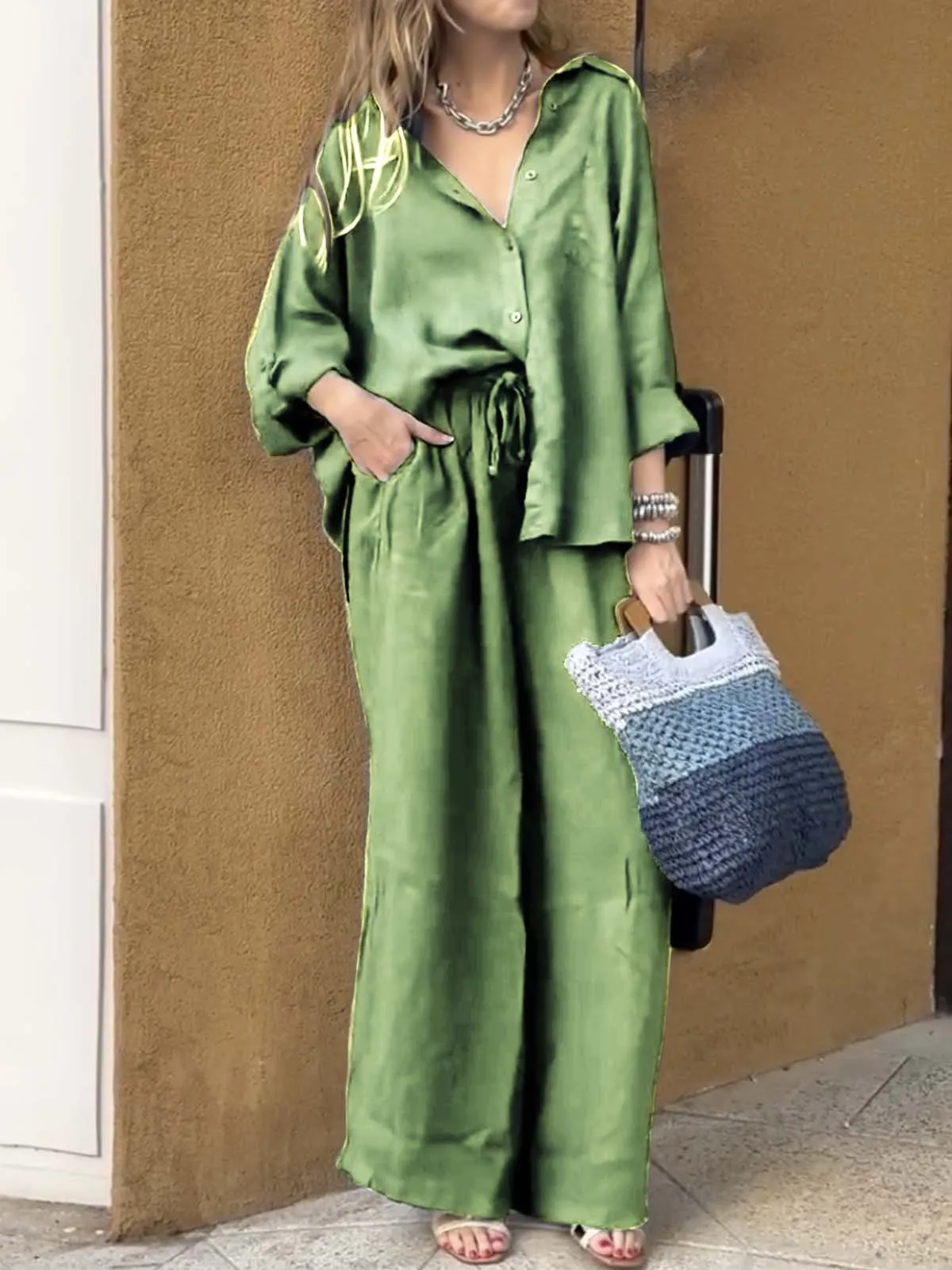 

Casual Cotton Linen 2 Piece Set Fashion Lapel Button Long Sleeve Shirt Elastic Waist Lace Up Trousers Set Women Vintage Clothing