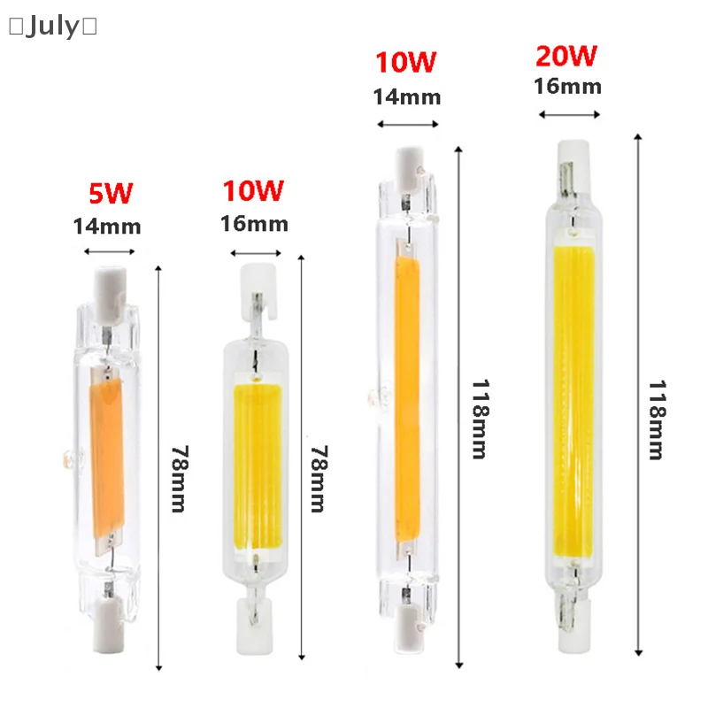 R7S LED หลอดแก้ว COB หลอดไฟ 78 มม.118 มม.5/10/20W R7S ข้าวโพดโคมไฟเปลี่ยนหลอดฮาโลเจน AC 110V 220V