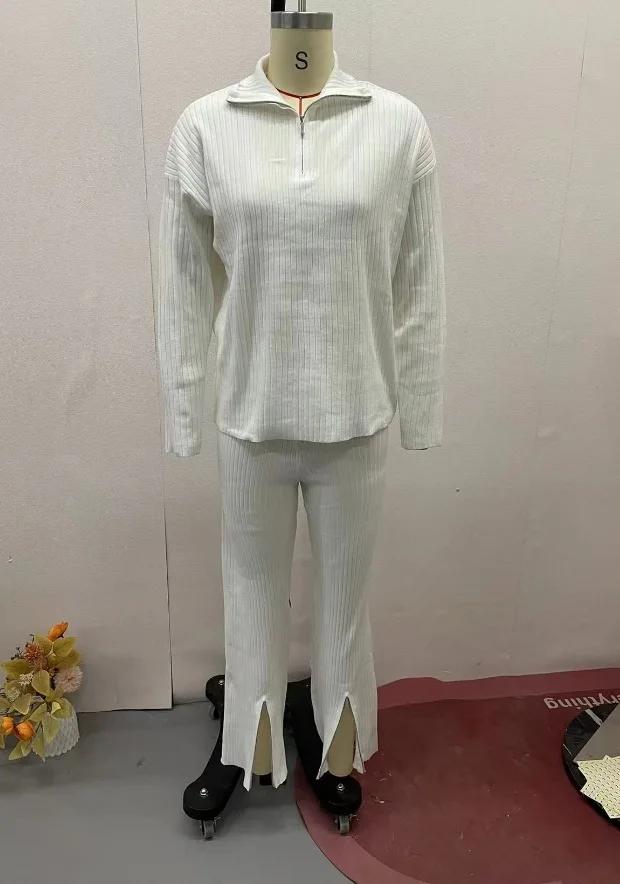 Women Pant Sets Two Piece Long Pants Solid Knit Splice Full Sleeve Zipper Thick Cardigan Sweaters Pullover Elegant Office Lady
