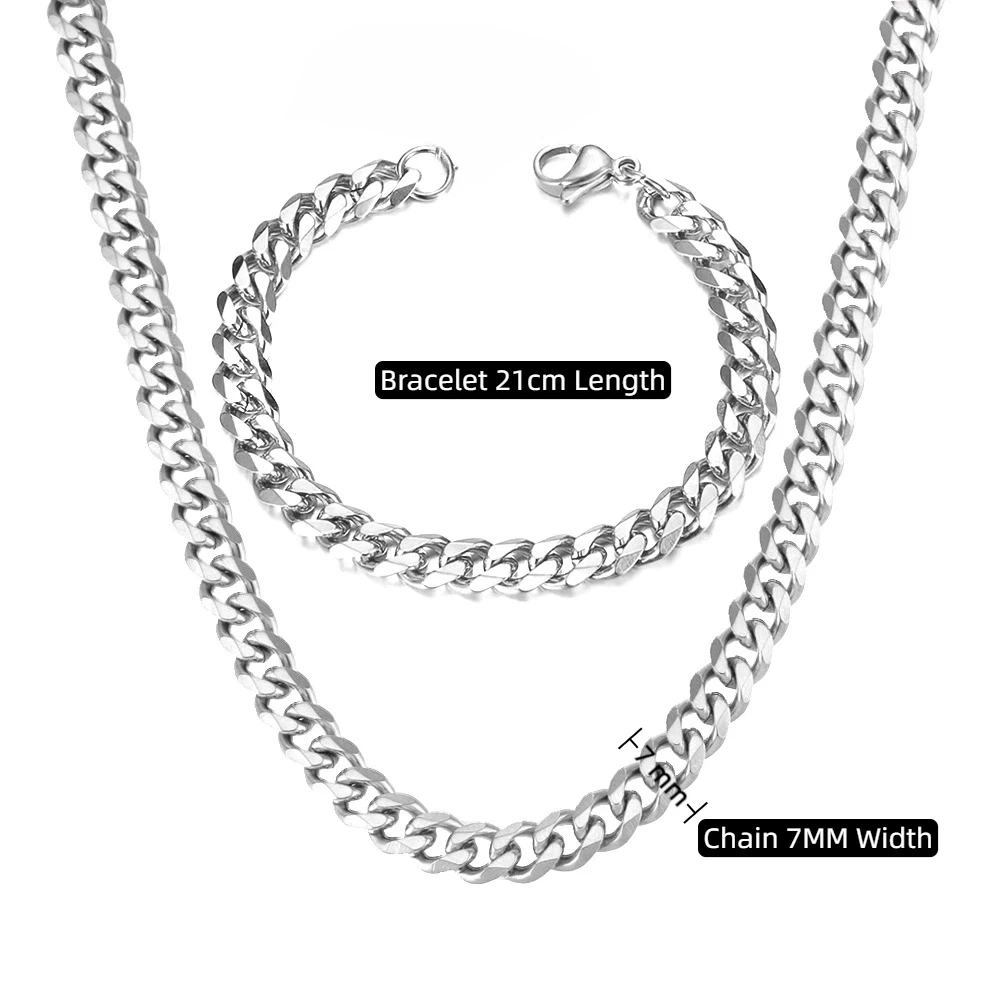 Gold Color Stainless Steel 8mm Thick Heavy Cuban Link Chain Bracelets Necklace For Men Fashion Party Wedding Jewelry Sets Gift