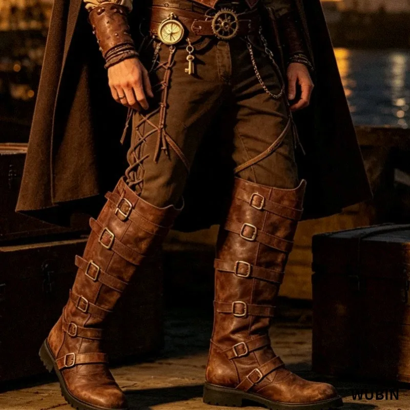 2026 Renaissance Medieval Steampunk Pirate Tall PU Leather Boots For Men Halloween Carnival Cosplay Party Costume Daily Shoes