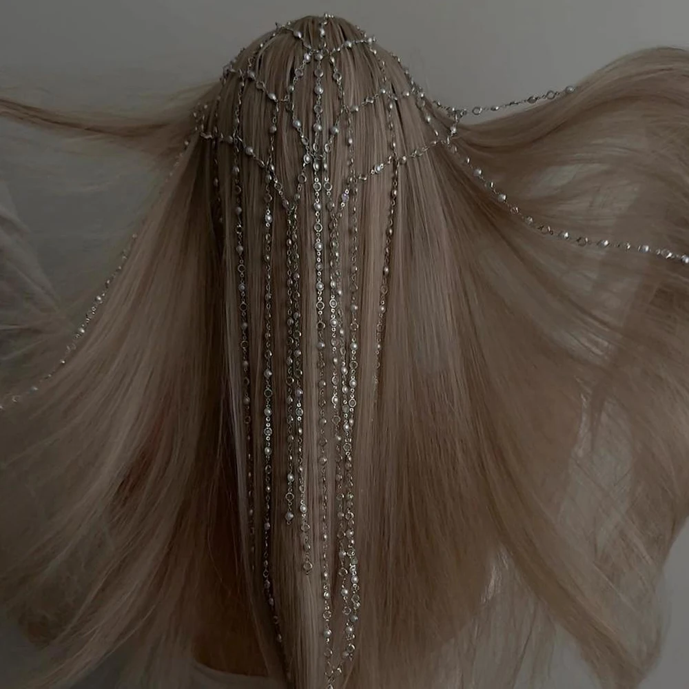 

Fashion Design Long Tassel Pearl Headpiece Wedding Hair Accessories Handmade Bohemian Mesh Bridal Head Chain Comb Prom for Women