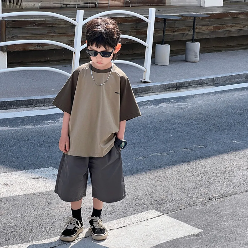 

Boy Short Sleeves Korea Style 2024 Summer New Patchwork Color All Match Casual Loose Half Sleeve Handsome Kids Summer Clothes