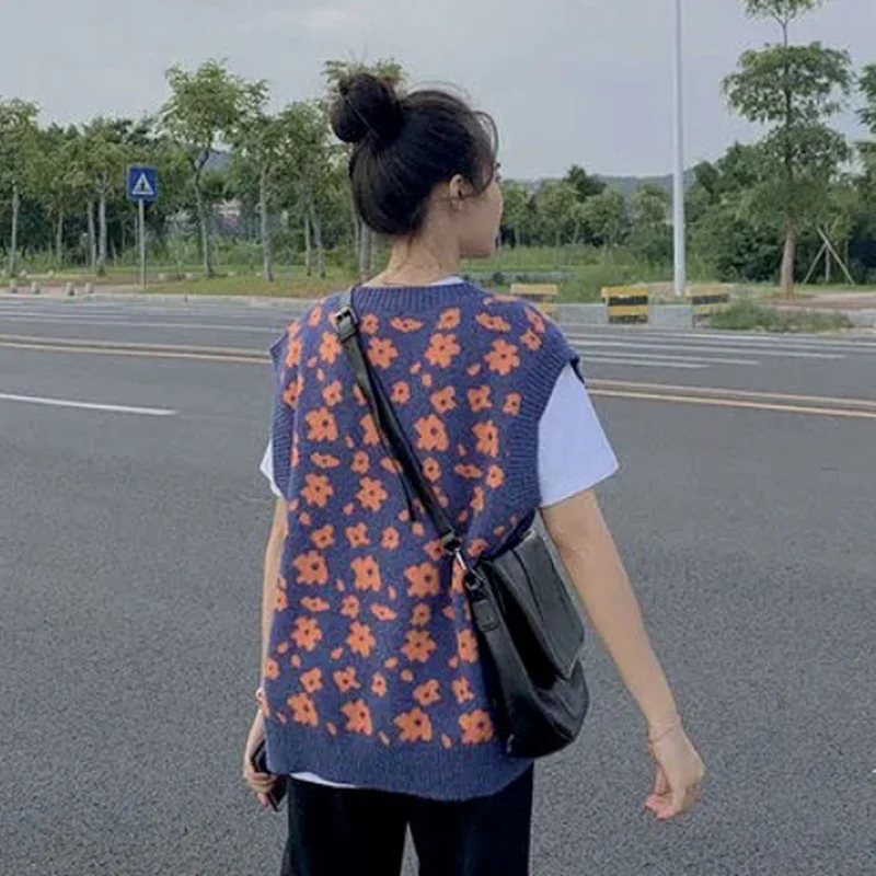 

Sweater Vest Women Sweet Loose Daily Street Office Vintage All-match Floral V-neck Girls Simple Outerwear Spring Autumn Korean