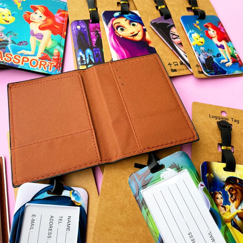 1 set porta passaporto Disney Princess e etichette per bagagli copertina per passaporto da viaggio etichetta per bagagli porta carte d\'identità