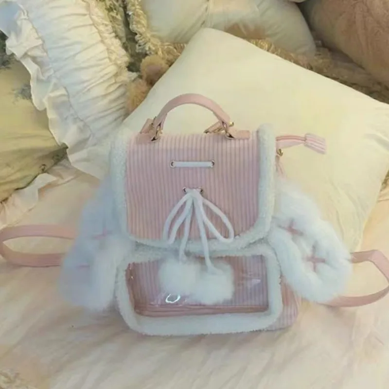 حقيبة ظهر لطيفة من القطيفة لخريف وشتاء 2025، حقيبة أذن أرنب وردية متعددة الاستخدامات، حقيبة ألم كاجوال وبسيطة ذات سعة كبيرة #1