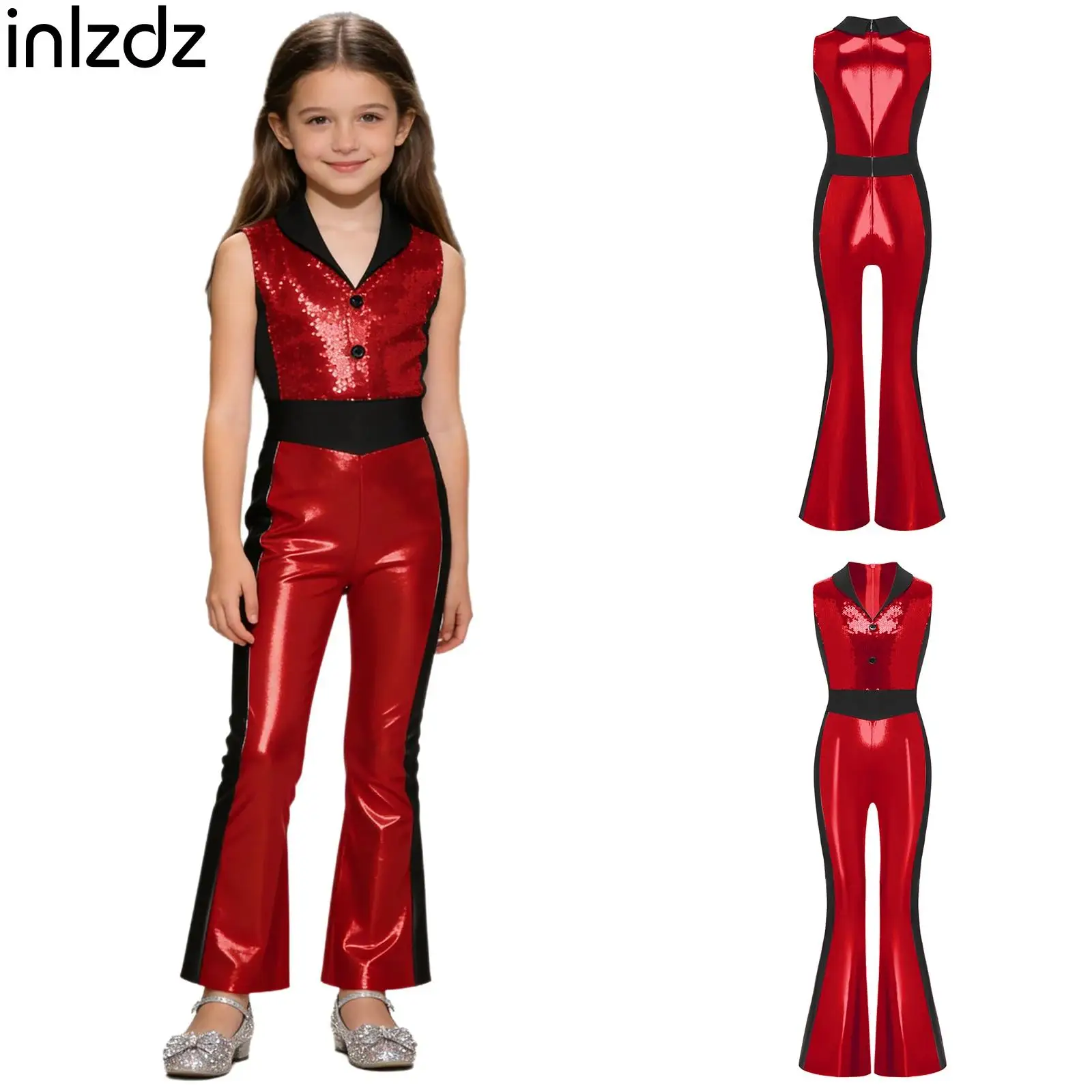 

Girls Pageant Performance Jumpsuit Metallic Shiny Sleeveless Lapel Sequined Bodice Bell Bottom Flared Bodysuit Jazz Dancewear