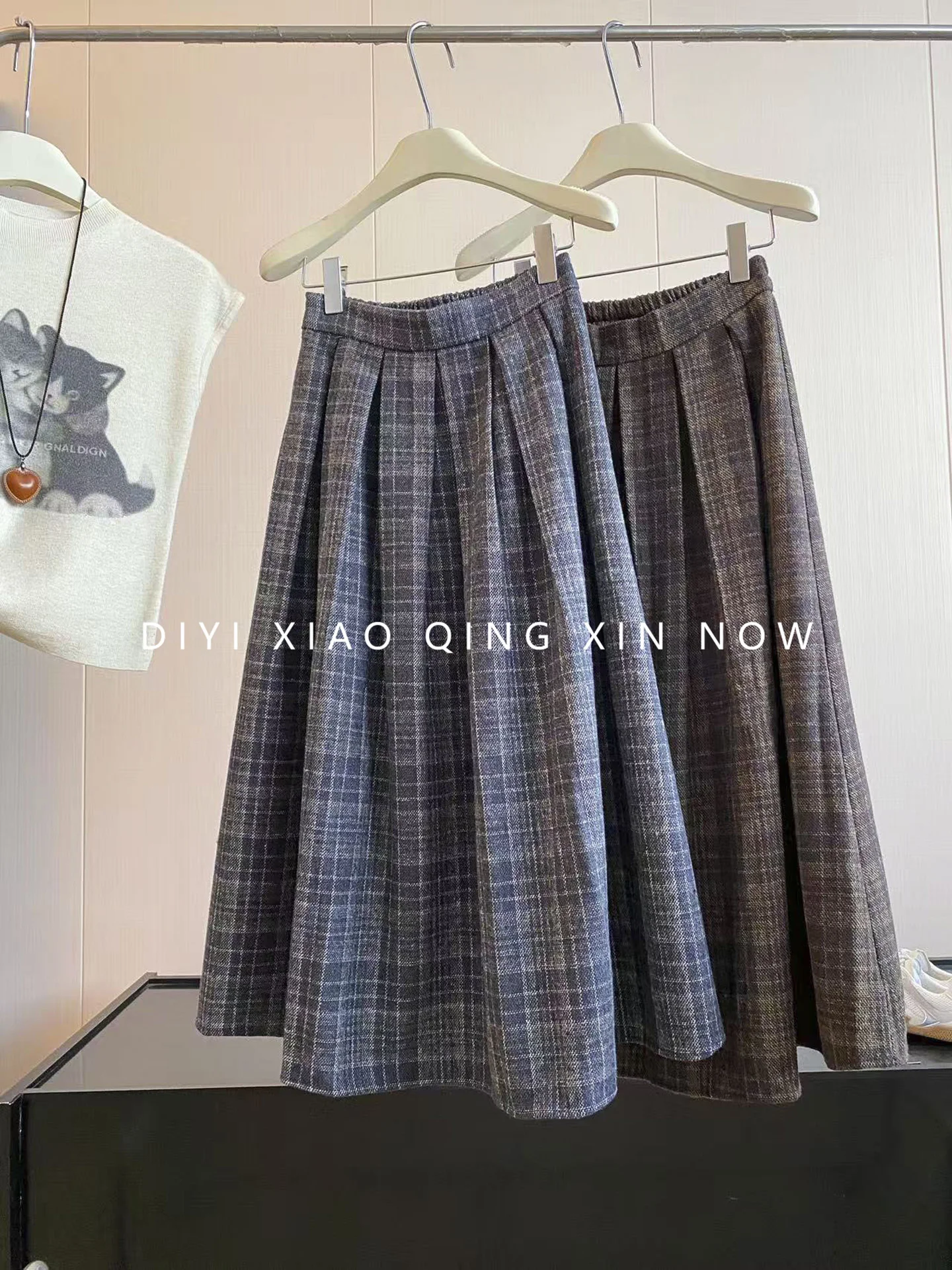 DIYI Woolen Tweed College Style Retro Plaid Pleated Elastic A-Line  Skirt Casual Autumn Winter New Arrival High Waist Pol...