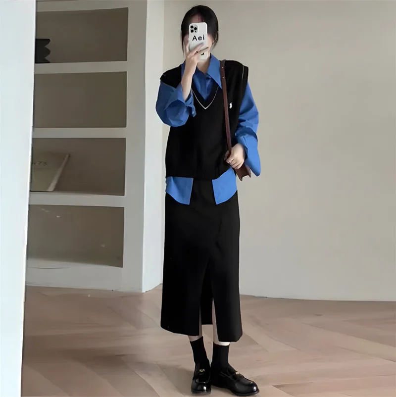 Fashion Set Women's V-neck Vest Shirt Simple Commuter Cardigan Half Skirt 2023 Autumn New Three Piece Set